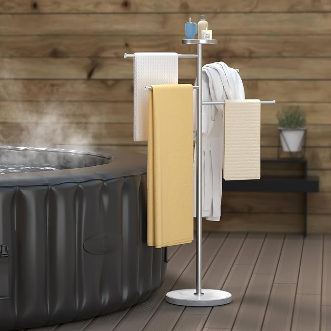 KES Hot Tub Towel Rack Outdoor with 1.5X Heavier Natural Marble Weighted Base, Pool Towel Rack with 360° Adjustable Arms & Storage Tray, 18/8 Stainless Steel, Brushed Steel, OTR203-2