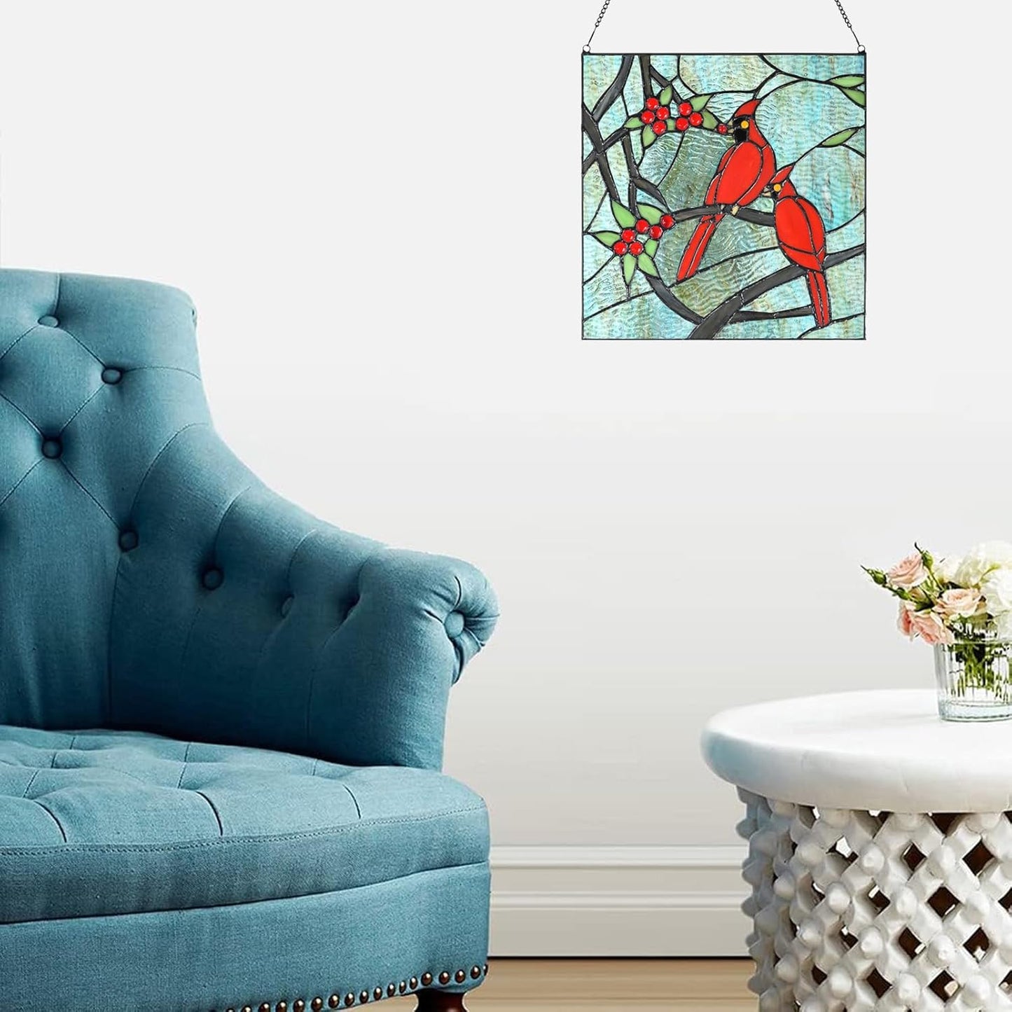 PA0008 Cardinal Stained Glass Window Panel- Tiffany Style Window Hanging- Red Bird Ornaments -12" Wx12 H Suncatcher- Wall Decorations for Home Office