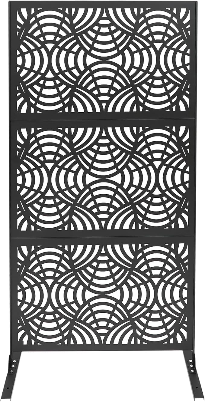 Metal Outdoor Privacy Screen with Stand,Freestanding Privacy Screen & Panels,Decorative Outdoor Divider with Stand Panels for Deck Patio Balcony (35.43 * 74.8in Black)