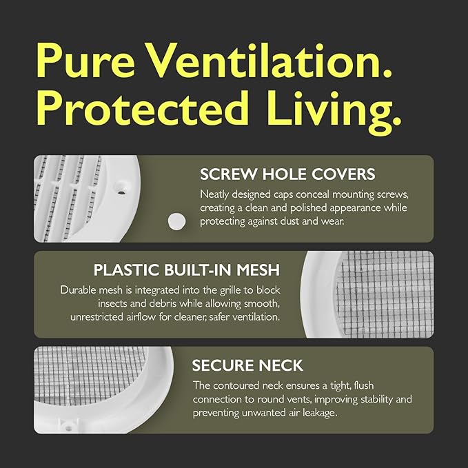 4 Inch [Opening] White Air Vent Cover – Pack of 10 – Plastic Round Air Vent Grill Cover for Wall or Ceiling, Built-in Mesh Screen/HVAC Return Air Register – Modern Louvered Design