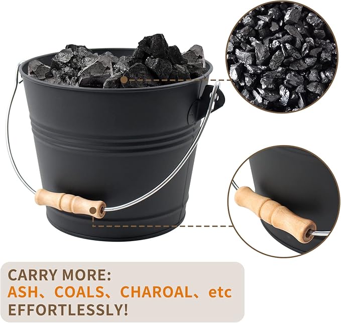 Poofzy Ash Bucket with Lid, Small Fireplace Ash Bucket with Lid and Shovel, 1.3 Gallon Metal Bucket for Fireplace with Hand Broom and Gloves, Fireplace Bucket for Ashes for Wood Stove and Fire Pit