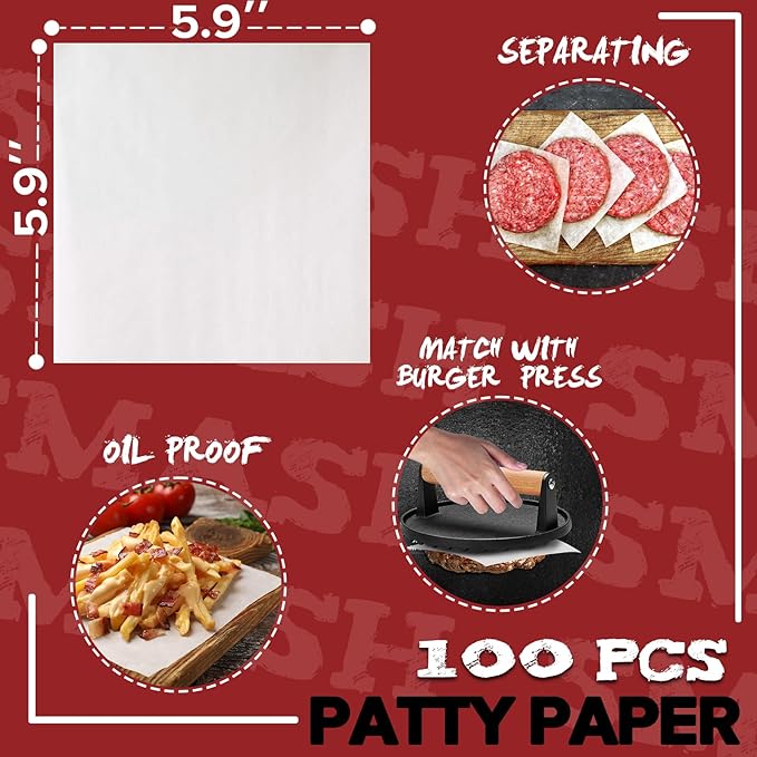 5pcs Smash Burger Press Kit, 3 in 1 Hamburger Press Patty Maker, Cast Iron Burger Press Round & Rectangle, 100pcs Wax Paper for Grill, Griddle, Flat top, Kitchen, Cooking