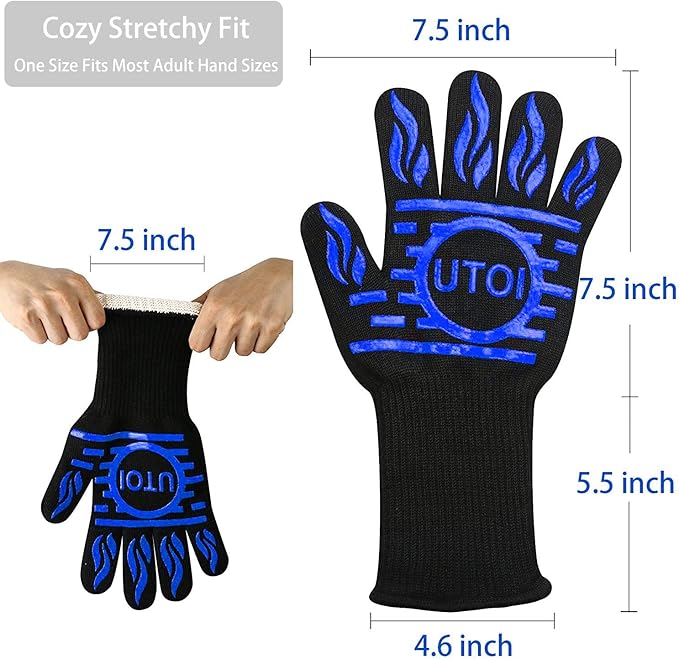 BBQ Gloves, 1472°F Heat Resistant Grilling Gloves, Silicone Non-Slip Long Cooking Gloves for Kitchen, Oven, Baking, Campfire and Smoker, EN407 Certified, Blue, XL Size, 1 Pair