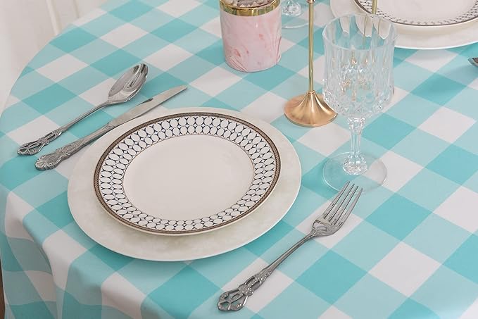 Cupuamon 2 Pack Waterproof Polyester Fabic Round Checkered Tablecloth，60 Outdoor Table Cloth，Oil Stain Prevention Table Cloth for Pinics and Parties（Aqua and White）