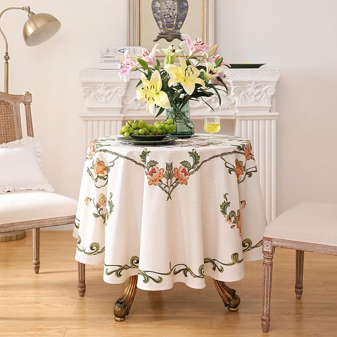 patdrea Designer Linen Round Tablecloth,Vintage French Floral Tablecloths,Wrinkle Free Table Cloth,Decorative Table Cover Cloth for Kitchen,Dining,Tea Party,Home,Christmas,Diameter 67"