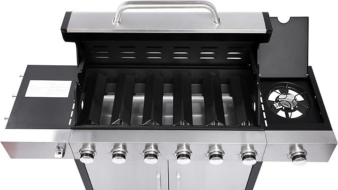 6-Burner Gas Grill with Side Burner, 65850 BTU Outdoor BBQ Grill, 620 sq in Cooking Area with Cast Iron Grates, Enameled Steel Lid & Built-in Thermometer for Patio, Garden, Family Gatherings
