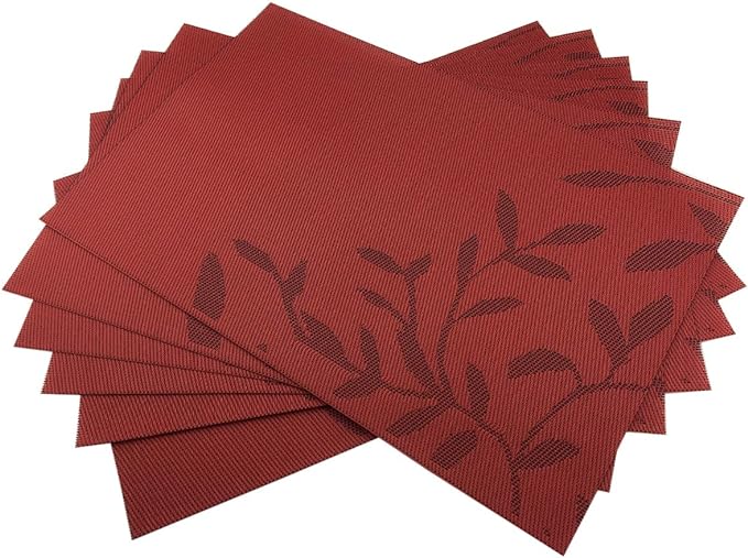 Gugrida Place Mats PVC Set of 6, Table Placemats Set of 6 PVC Table Mats Natural Color (6 pcs, Red Leaves)