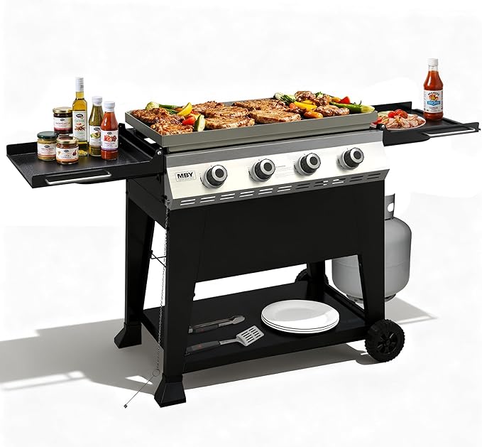 32 Inch Outdoor Flat Top Gas Propane Griddle with 4 Burners 40,000BTU,Powder Coated Steel Portable Gas Grill with Side Shelves for BBQ,Camping,Backyard
