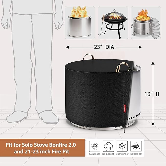 QH.HOME Fire Pit Cover Round for Solo Stove Bonfire 22", Waterproof Smokeless Fire Pit Cover, 600D Strong Tear Resistant, Fits for Gas/Table/Bowl Fire pits - 23" D X 16" H