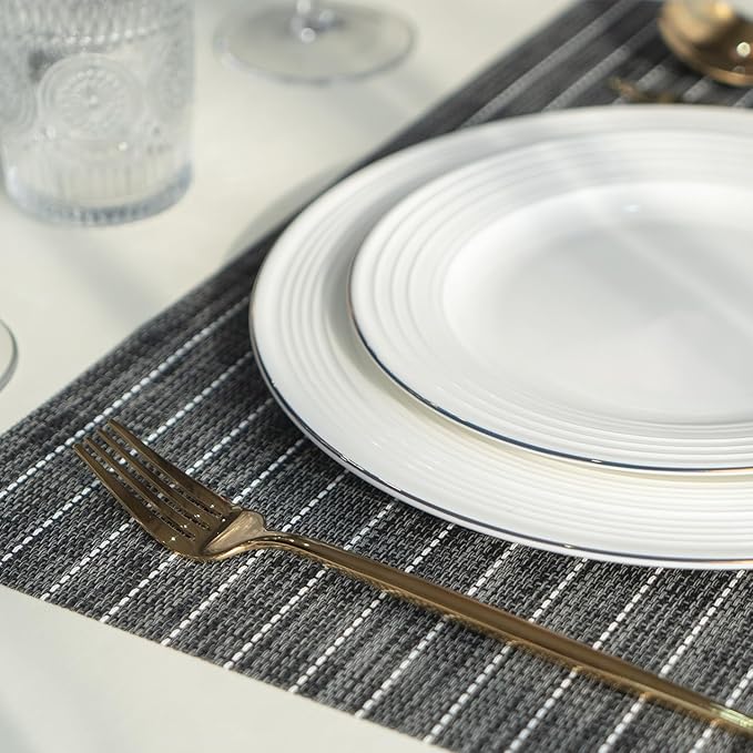 Placemats Set of 12 Vinyl/Plastic Woven Place Mats for Kitchen Table Indoor/Outdoor Washable Placemat Wipeable Dining Table Mats (Black Stripes,12)
