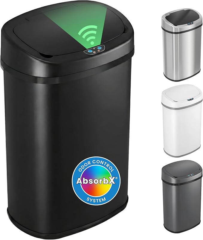 iTouchless 13 Gallon Automatic Sensor Trash Can with Lid, AbsorbX Odor Control System, Matte Black Stainless Steel Kitchen Garbage Bin, Fingerprint-Proof, Hands-Free Operation, Oval