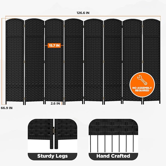 Room Divider 8 Panel Screen 5.6 Ft Tall Partition Room Dividers Black Privacy Screens Folding Room Separation Free Standing Waterproof Wood Frame Wall Divider