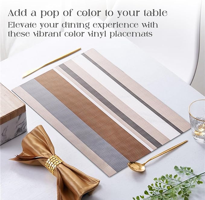 Set of 6 Colorful Striped Vinyl Placemats Heat-Resistant Washable Placemats Non-Slip Woven Table Mats Wipeable Placemat for Kitchen Dining Table Decoration Indoor Outdoor (Beige&Ivory)