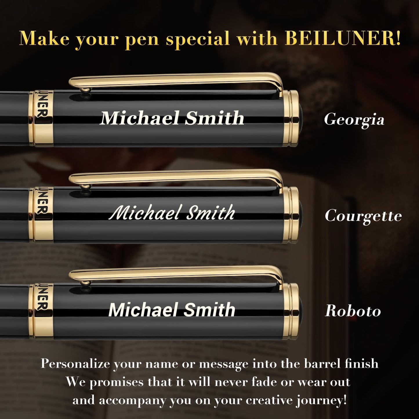 BEILUNER Black Personalized Pen,Stunning Luxury Lacquer With 24K Gold,Schneider Ink Refills,Multiple Fonts To Custom Rollerball,Gift Pen For Men & Women,Executive,Graduation,Christmas,Nice Pens