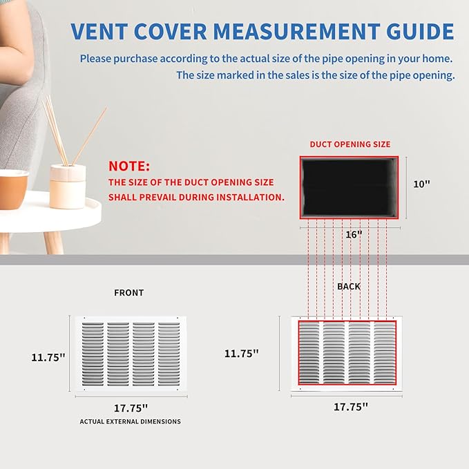16x10 Return Air Grille (Duct Opening Size), Air Return Vent Cover, AC Vent Cover, Cold Air Return Vent Cover, Flat Return Air Grilles, Outer Dimensions:17.75"W x 11.75"H (16"Wx10"H, Duct Opening)