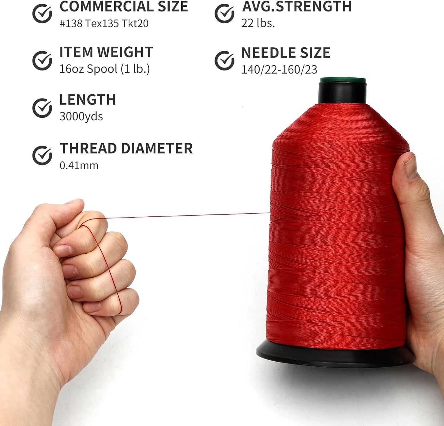 Extra Strong Bonded Nylon Thread #138 Tex135 – 16 OZ, 3000yds, Versatile Stitching Solution for Leather, Upholstery, Canvas Repair and More (Red)