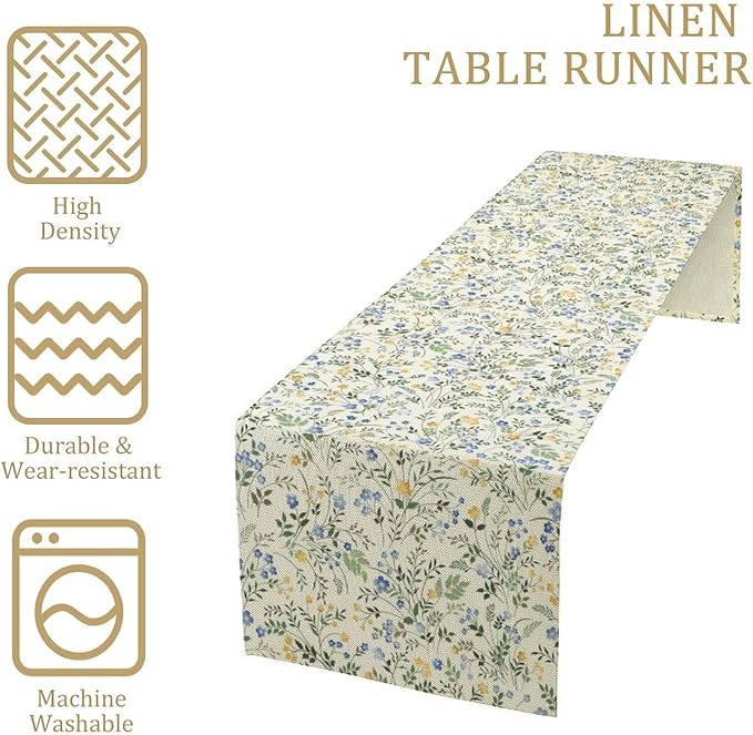 Rustic Flower Table Runner, Spring Sage Green Eucalyptus Leaves Watercolor Floral Flower Plant Leaves Print Table Cover for Dinning Holiday Home Picnic Party Decor, 13x90inch