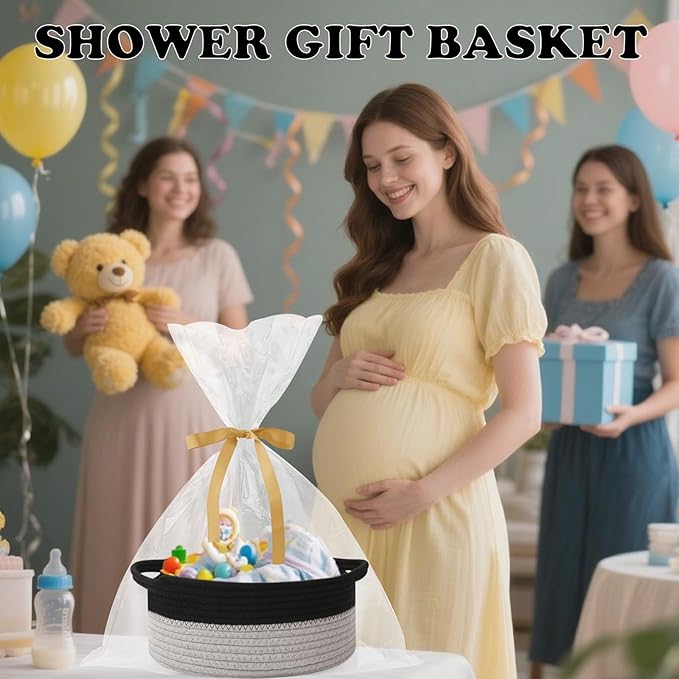 Gift Basket with Gift Bag and Ribbons,Small Rope Woven Shelf Storage,Baskets for Gifts Empty,Birthday,Baby Shower,Decorative Organizer Box with Handles(Black&Grey)