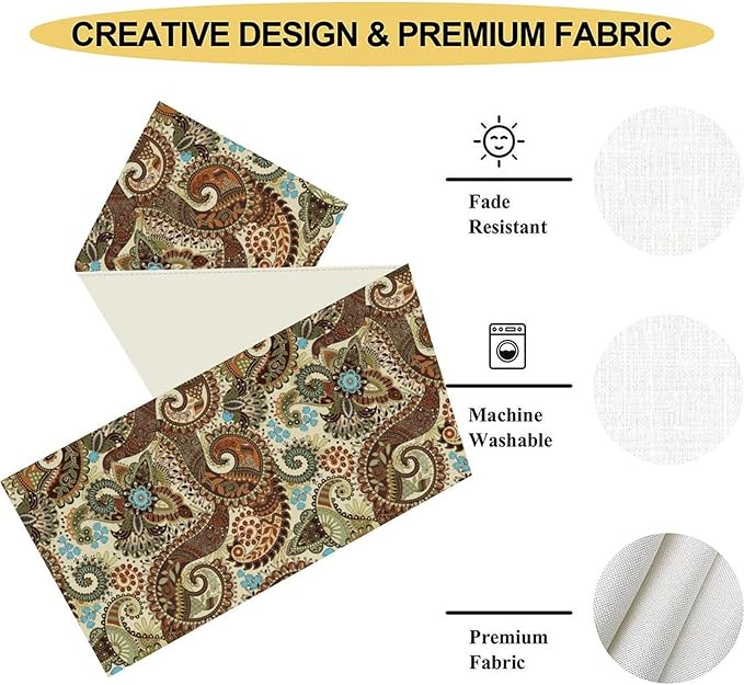 Brown Paisley Table Runner, Rustic Damask Antique Floral Flower Retro Boho Swirled Pattern Vintage Coffee Table Center Decor for Family Kitchen and Living Room Outdoor Table Decorations, 13"x36"