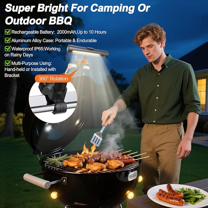 Rechargeable 360° BBQ Grill Light for Outdoor Grilling with Magnetic, IPX5 Waterproof, 2-Level Brightness, USB-C Charging, Portable Grill Accessories, Grilling Gift for Men, Dad, Grill Lights