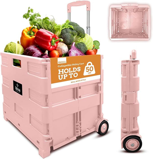Inspired Living Ultra-Slim Rolling Collapsible Storage Pack-N-Roll Utility-carts, with Telescopic Handle, for Home, Garden, Shopping, Office, School use, Medium, Raspberry Pink