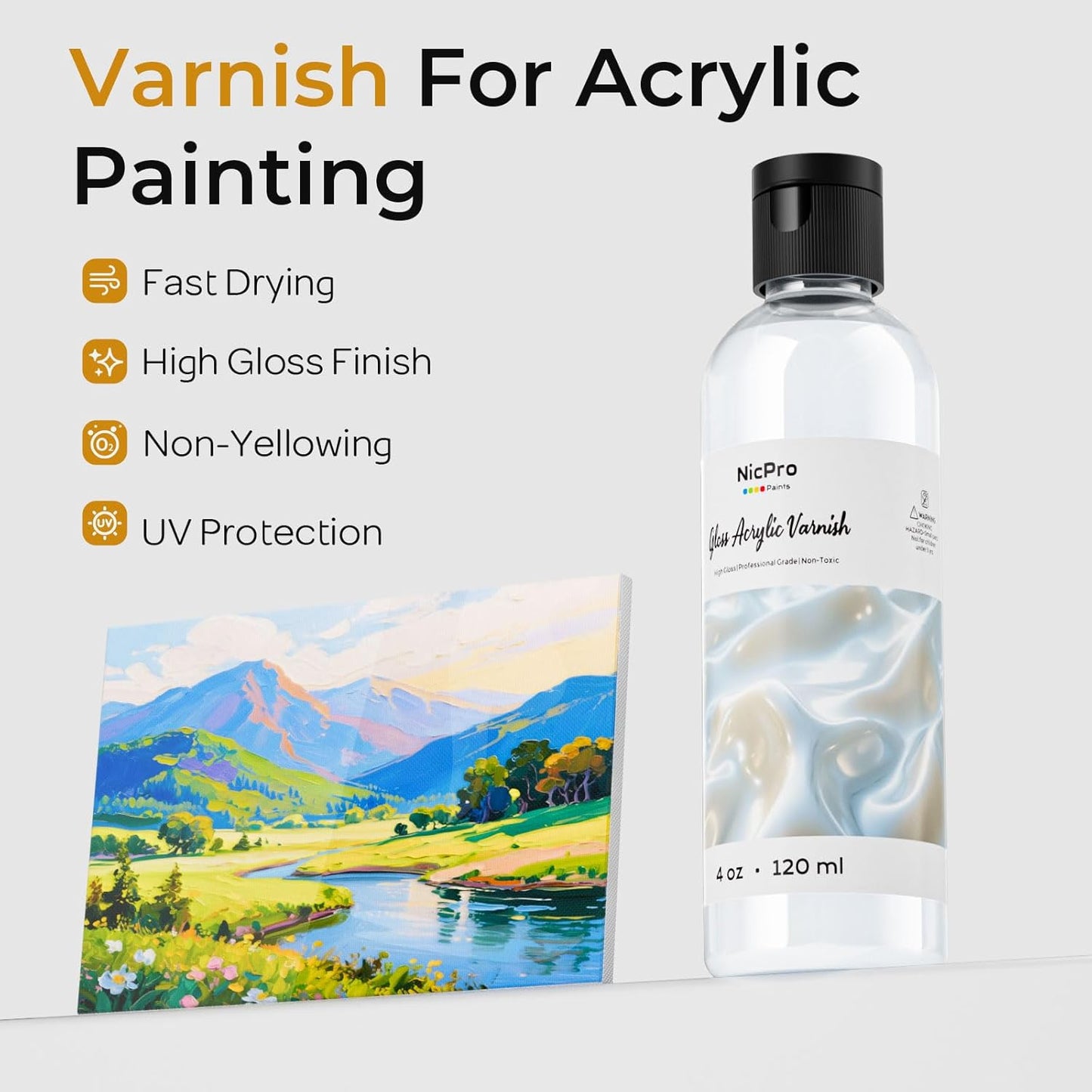 Nicpro Gloss Varnish for Acrylic Painting 4oz, Non-Yellowing, Non-Toxic, Anti-Crazing, Clear Acrylic Varnish for Pro Artist, Hobby Painter on Canvas Artwork, Acrylics Paint, Wood, High Gloss Finish