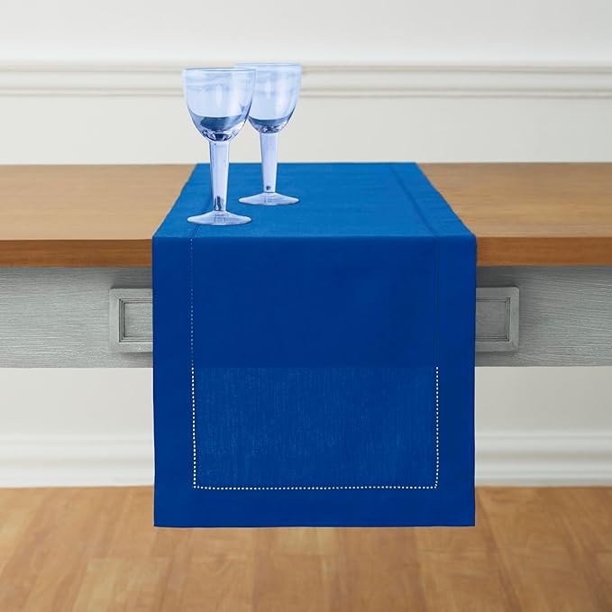 Solino Home Blue Hemstitch Table Runner 36 Inches - Cotton Linen Small Table Runner 14 x 36 Inch Ideal for Dresser and Coffee Tables