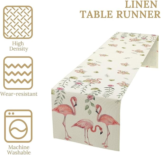 Flamingo Table Runner,Rustic Boho Grey Leaf Pink Rose Floral Tropical Bird Pattern Table Center Decor for Family Kitchen and Living Room Outdoor Farmhouse Party Table Decorations, 13"x72"