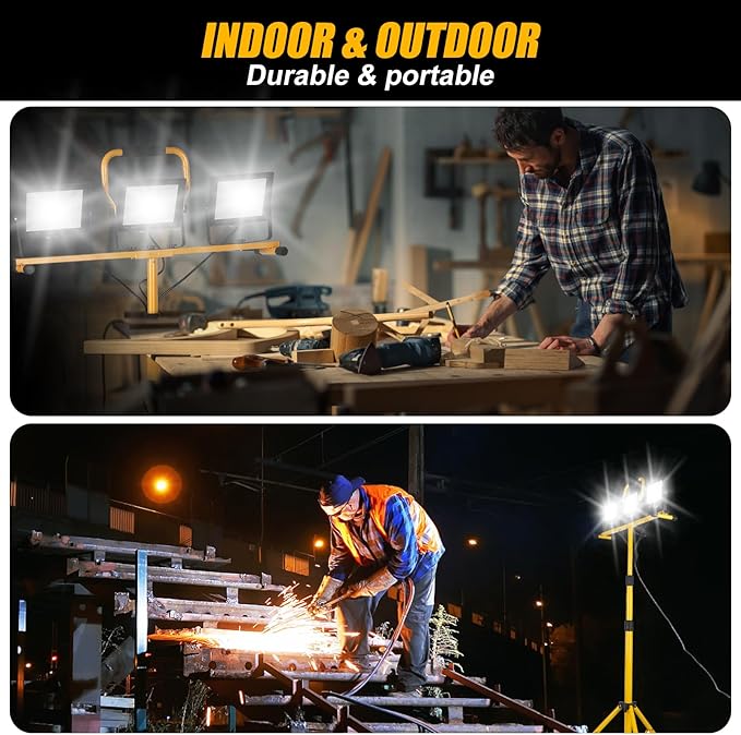 21000Lumen LED Work Lights with Stand - 3 Head Portable Work Light on Stand - IP66 Waterproof Tripod Worklights for Outdoor Indoor Job Site Workshop Garage Construction Site Lighting