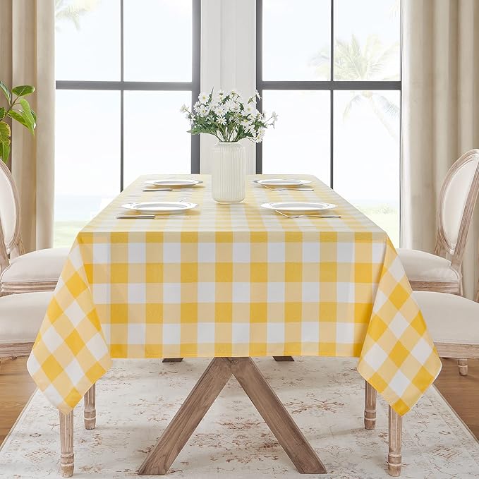 Softalker Gingham Checkered Tablecloth Rectangle - Outdoor Waterproof Buffalo Plaid Table Cloth, Stain Resistant Washable Table Cover for Picnic, Camping, Dining - Yellow and White, 60 x 84 Inch