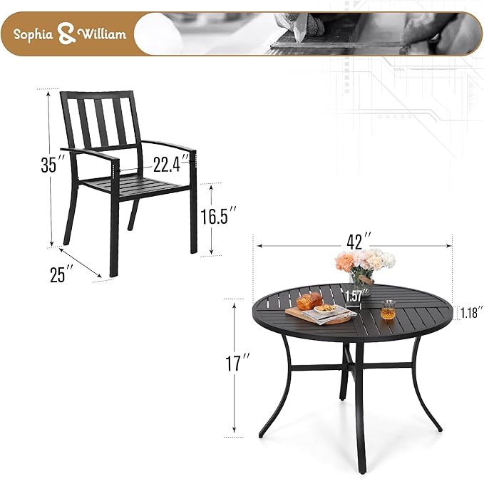 Sophia & William Round Patio Table and Chairs Set, Outdoor Dining Set for 4, 5 Piece Metal Patio Furniture, 42" Black Table(Stripe)