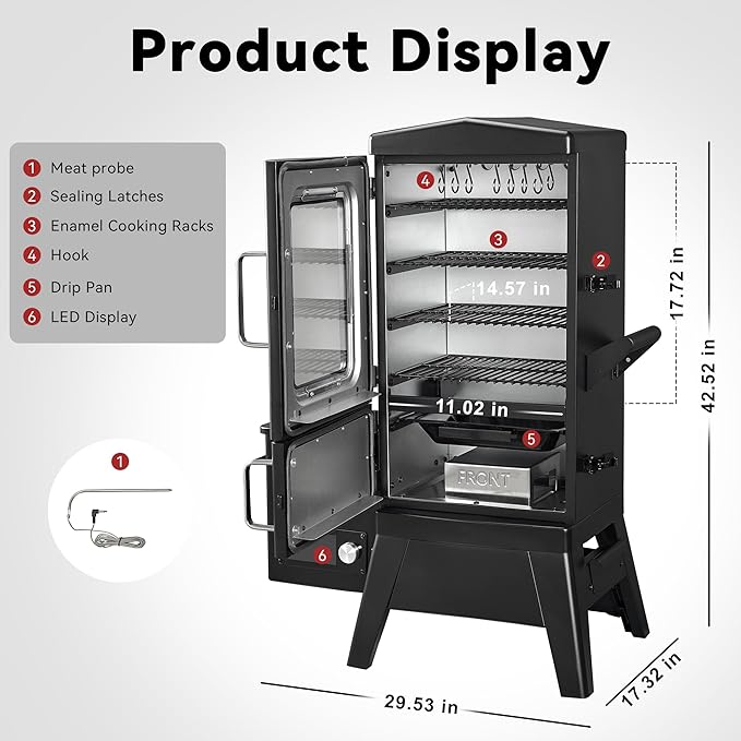 Vertical Electric Pellet Smoker with Cover & Meat Probe, 4-Rack Digital BBQ Electric Smokers, 616 Sq.in, LED Temperature Control, Ribs, Brisket, Chicken