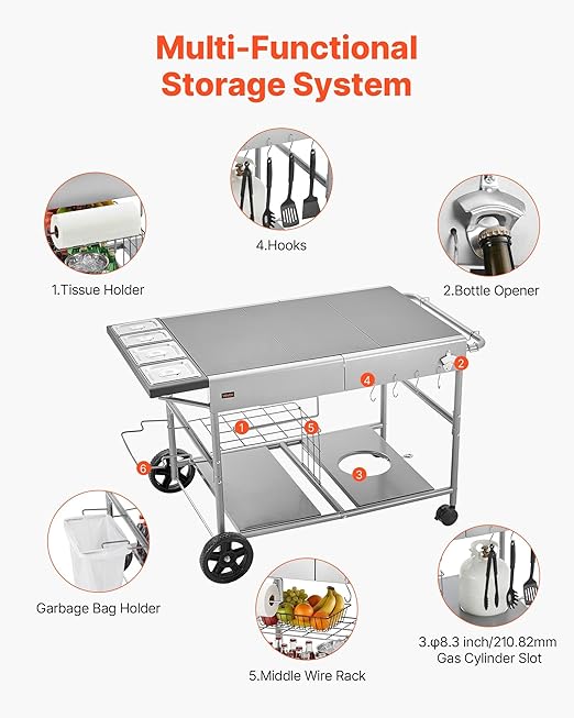 VEVOR Outdoor Grill Cart, 36.4 x 23.4 x 1 inch Tabletop Size Grilling Table, Movable Outdoor Cooking Table with 4 Spice Containers, Wheels, Lids, Hooks, BBQ Prep Tables for Picnic, Kitchen, Courtyard