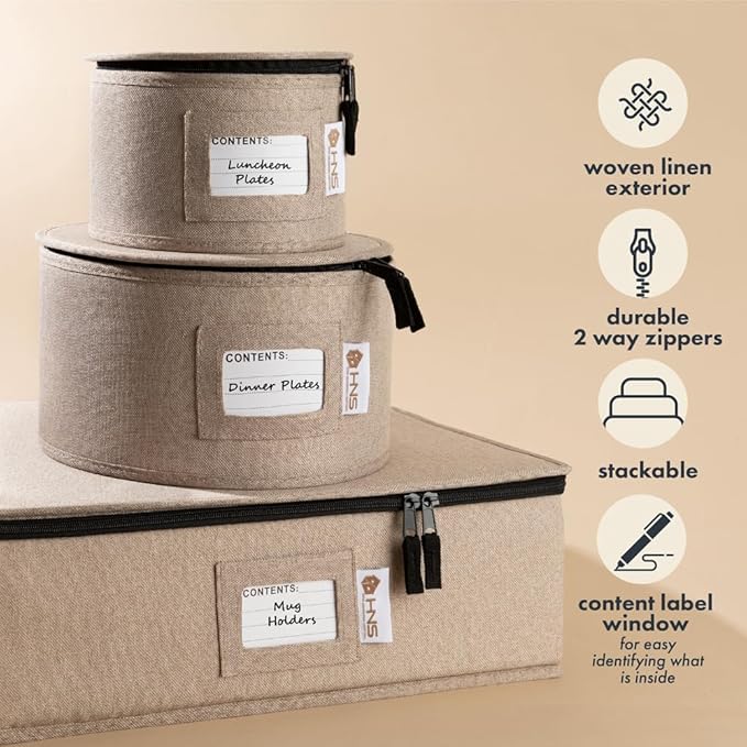 China Storage Hard Shell Containers 5-Piece Set Moving Boxes for Dinnerware, Glasses, Plates, Mugs and Saucers Sturdy Dish Organizer with Dividers for Seasonal Storage - Service for 12 - Brown