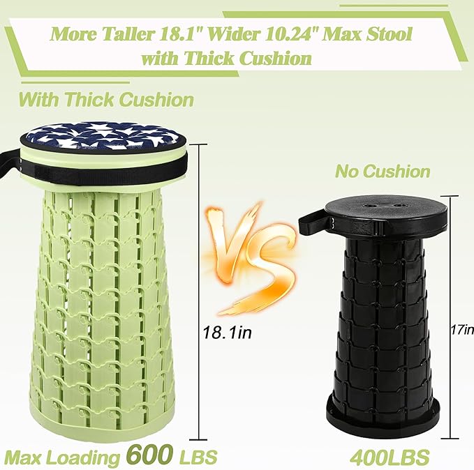 ALEVMOOM Upgraded Collapsible Stool with Thickened Cushion 18.1",600Lbs Max Weight Wider & Taller Pop Up Stool, Heavy Duty Portable Retractable Folding Chair or Travel Foot Rest for Camping & Outdoors