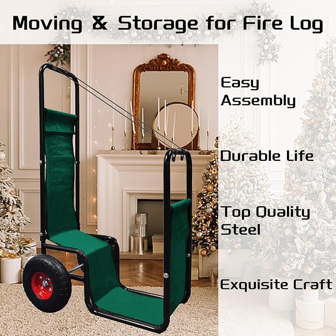 Firewood Cart with Pneumatic Wheel: 44 X 27 X 20 in Heavy Duty 220 lbs Load Capacity Waterproof Easy Assembly Rack for Indoor Garden Backyard Fireplace Men Women Use with Rubber Wheels