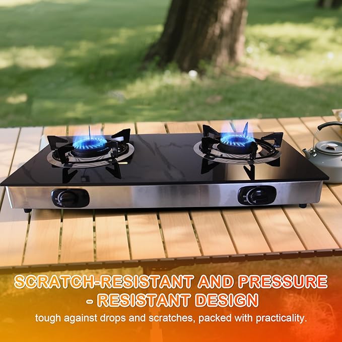 2 Burner Propane Gas Stove, Portable Tempered Glass Camping Stove Propane with Auto-Ignition, 20472 BTU Burners for Cooking, Outdoor, Camping, RV & Emergency Use