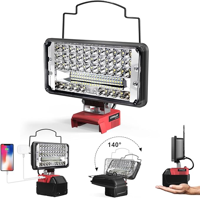 LIVOWALNY LED Work Lights Compatible with Milwaukee 18V Battery, 100W 10000LM 7" Flood Light Portable with USB & Type-C Charging Port & Low Voltage Protection 140° Pivoting Head, Battery Not Included