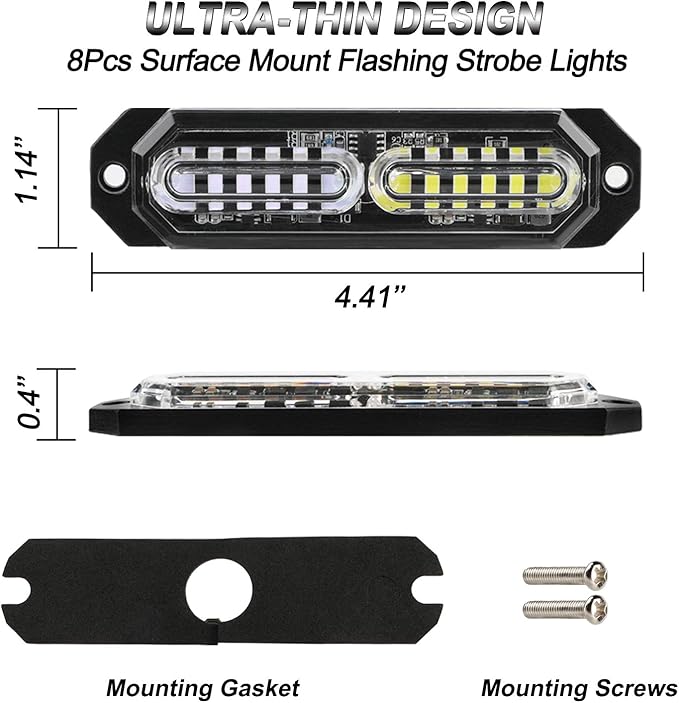 ASPL 8pcs Sync Feature Ultra Slim 12-LED Surface Mount Flashing Strobe Lights for Truck Car Vehicle LED Mini Grille Light Head Emergency Beacon Hazard Warning Lights (Blue/White)