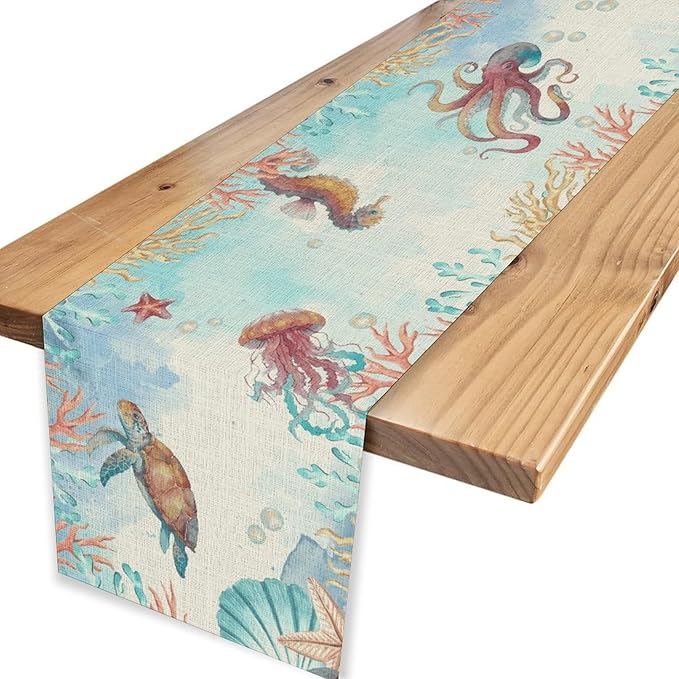 Blue Coastal Table Runner, Nautical Starfish Turtle Seashell Coral Shell Beach Ocean Dining Table Runner for Coffee Table Home Party Decor 13"x72"