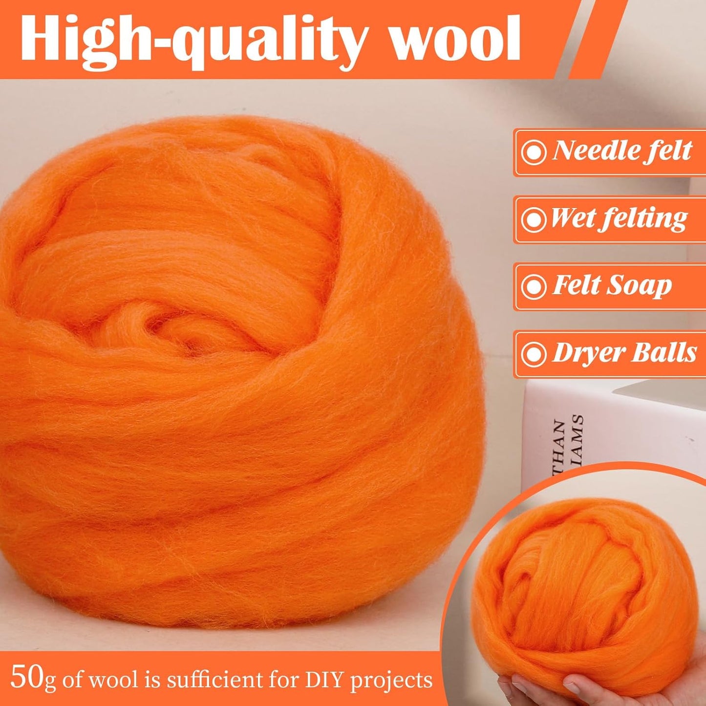 Mayboos Wool Roving Yarn, 1.76oz Colored Natural Wool Roving,Wool Felting Supplies Pure Wool Chunky Yarn for Wet Felting handcrafts and Spinning (Orange)