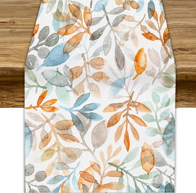 Fall Eucalyptus Leaf Table Runner, Autumn Orange Blue Leaves Harvest Thanksgiving Table Runner for Holiday Dining Room Kitchen Table Party Decoration, 13x70inch
