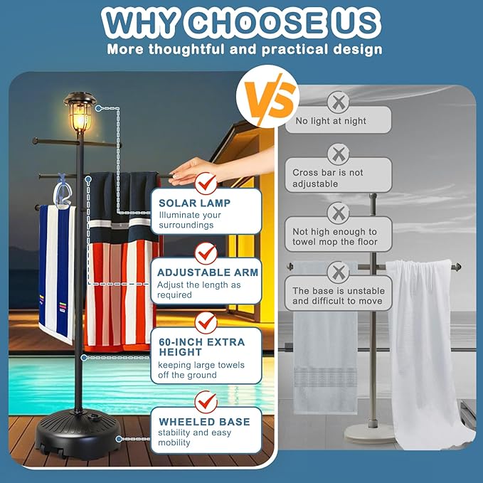 Solar Light Pool Towel Rack with Wheels – 63" Tall Adjustable Outdoor Towel Rack for Patio, Bathroom, Hot Tub