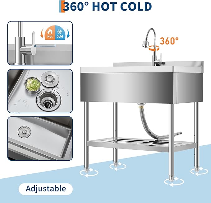 Stainless Steel Utility Sink, 35 Inch Freestanding Commercial Sink, Adjustable Leg with Hot and Cold Water Faucet, Hoses and Drain Kit, Large Laundry Tub for Kitchen, Garage, Bathroom, Outdoor Use