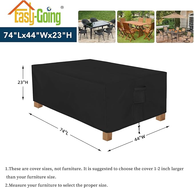 Easy-Going Patio Furniture Cover Waterproof Outdoor Rectangular Table Cover with Seal Tape at Seams (72" L x 44" W x 23" H, Black)