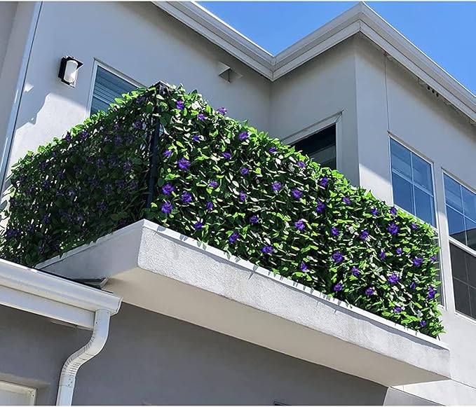 Expandable Fence Privacy Screen for Balcony Patio Outdoor,Decorative Faux Ivy Fencing Panel,Artificial Hedges (Single Sided Leaves) (4, Green Flowers)