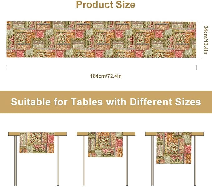 Colorful Patchwork Table Runner, Boho Floral Vintage Wildflower Rustic Paisley Design Table Runner for Dining Coffee Party Holiday Farmhouse 13x108in