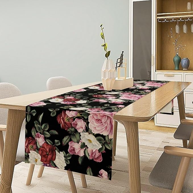 Gothic Floral Table Runner,Vintage Pink Red Rose Flower Print Table Runner for Kitchen Dining Table Indoor Outdoor Home Party Decor,Black 13x108in