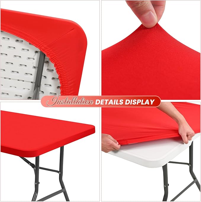 6 Pack Stretch Fabric Table Top Cap Cover, Red Table Covers fits 8Ft Tables, Washable Elastic Universal Rectangle Tablecloth Protector for Indoor Outdoor Party Picnic Wedding (30" W x 96" L)
