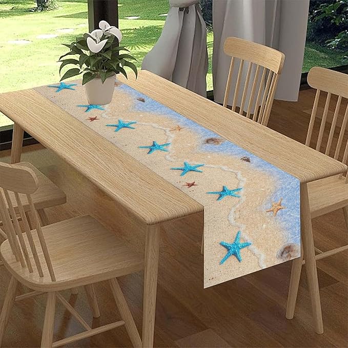 Summer Beach Table Runner, Nautical Starfish Coastal Seashell Ocean Blue Sea Seasonal Coffee Table Center Decor for Home Kitchen Dining Patio Holiday Party Table Decorations 13"x36"